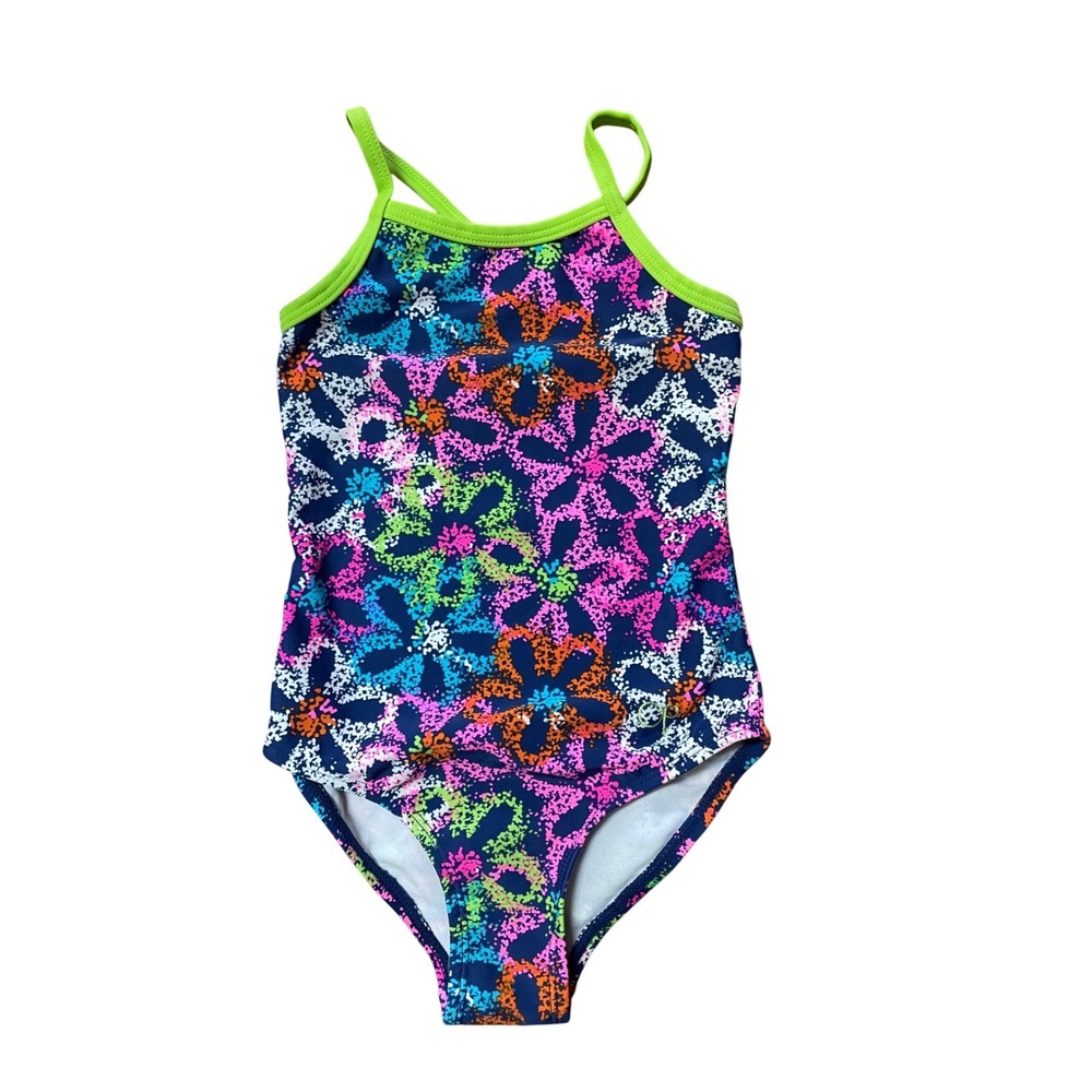 OP Girls One‎ Piece Swimsuit Floral Neon Green Trim XS 4-5 OG21145Y NWT